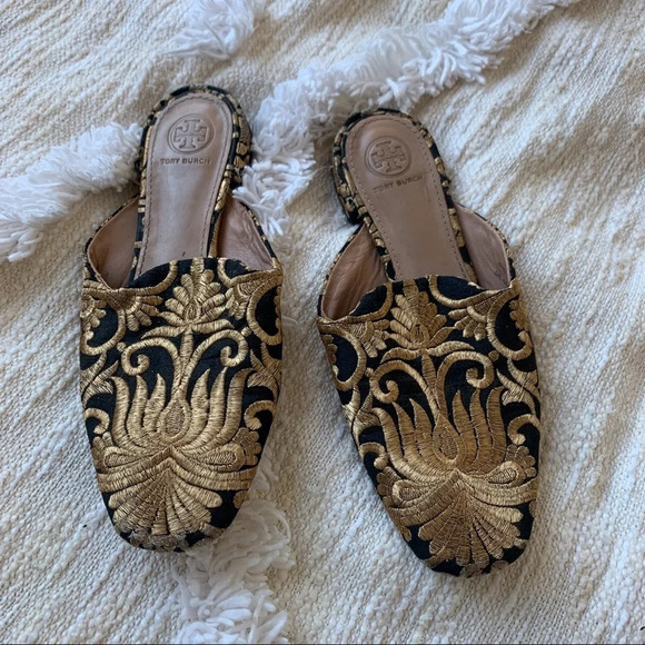 Tory Burch Gold Embroidered Mules - Picture 1 of 6